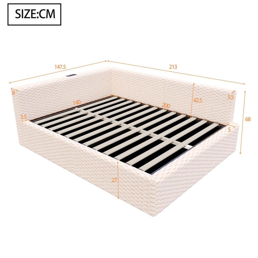 Letto Imbottito 140x200 con LED e USB ¨C MINIMAL ¨C Velluto Beige, Idraulico