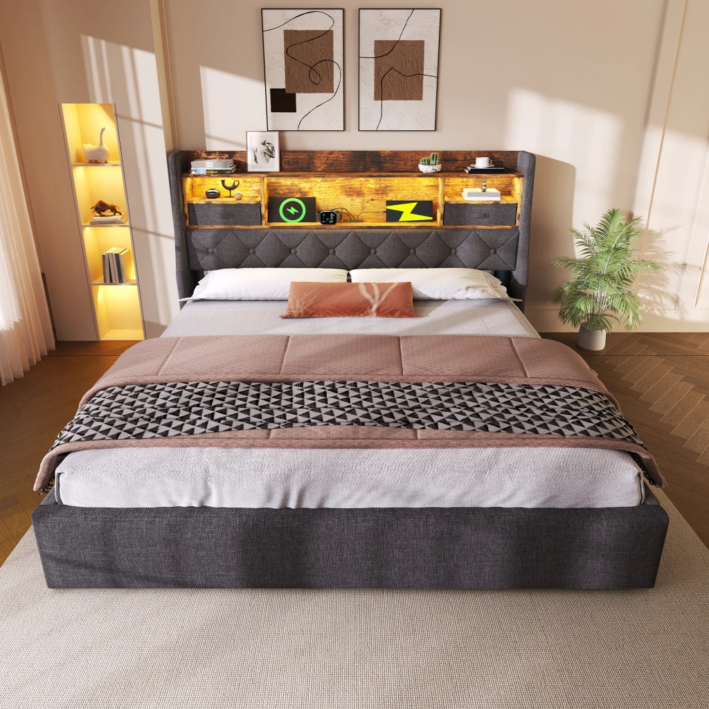 LETTO Contenitore 140x200 cm in Lino Grigio con LED e USB/Type-C