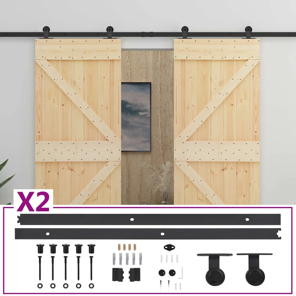 Porta scorrevole 2 pcs Naturale e Nero Legno Massello di Pino 3444887