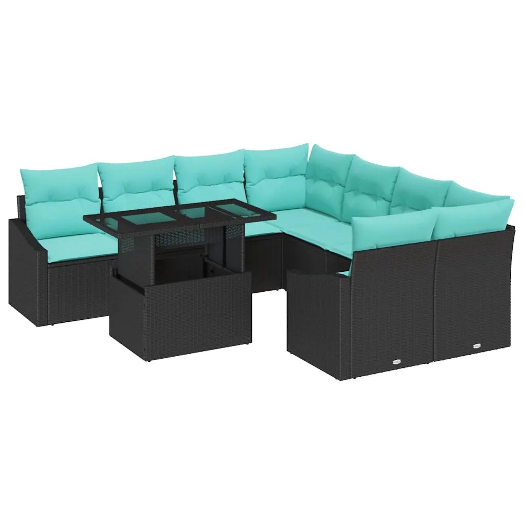 Set Divano da Giardino con cuscino 9 pcs Nero e blu polyrattan 3348982