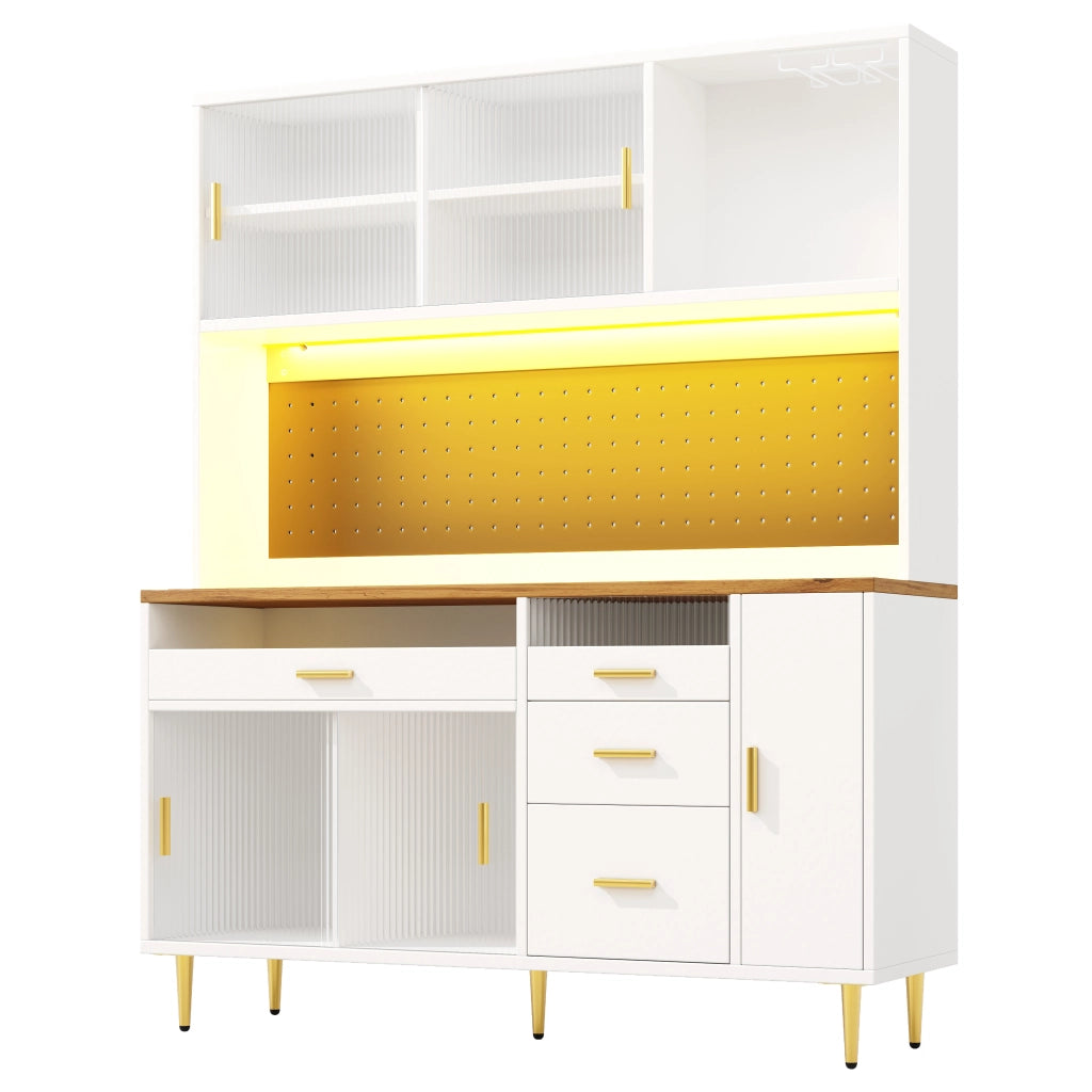 OKWISH Credenza Alta da Cucina con Porta Scorrevole in Vetro, Ripiani Regolabili e LED, MDF, Bianco, 145×39×171 cm