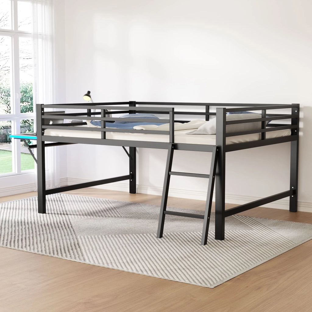 LETTO in metallo 140x200 cm nero con scala, scrivania e LED