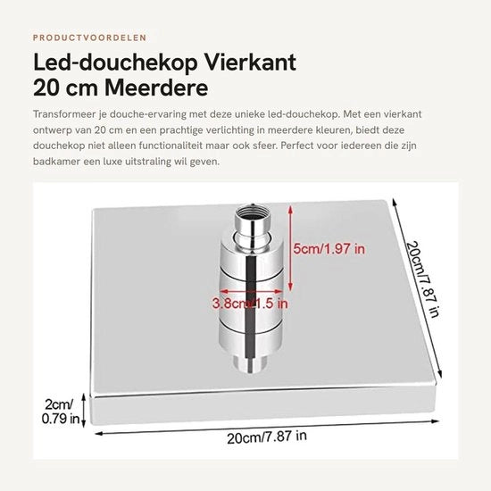 Led-douchekop quadrato 20 cm - varie colori - fascia di pioggia - connessione rotativa - ideale per la stanza da bagno