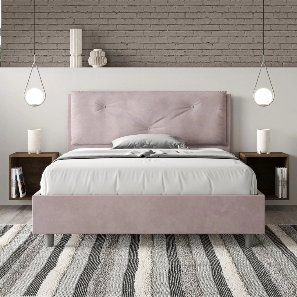 BS COM Letto matrimoniale francese con rete imbottito 140x190 microfibra glicine Large