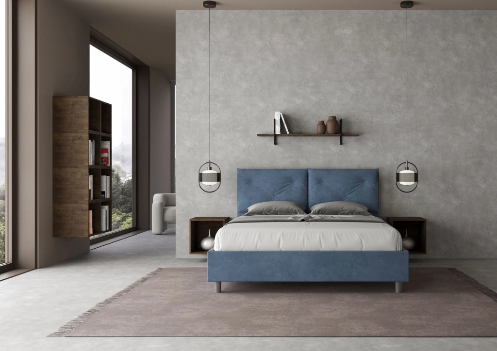 BS COM Letto matrimoniale con rete imbottito 160x210 microfibra blu