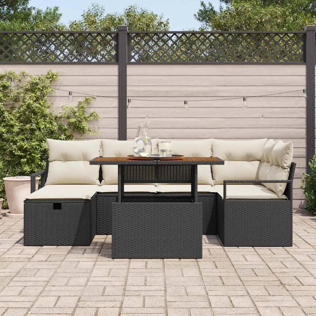 Set Divano da Giardino con cuscino 7 pcs Nero polyrattan