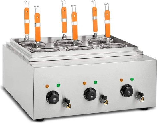Pastacotta elettrica in acciaio inossidabile - 6 litri - 6 pastamanden - 3 vaschette separate - 3 rubinetti di scarico - 3 impostazioni di temperatura - piatto elettrico