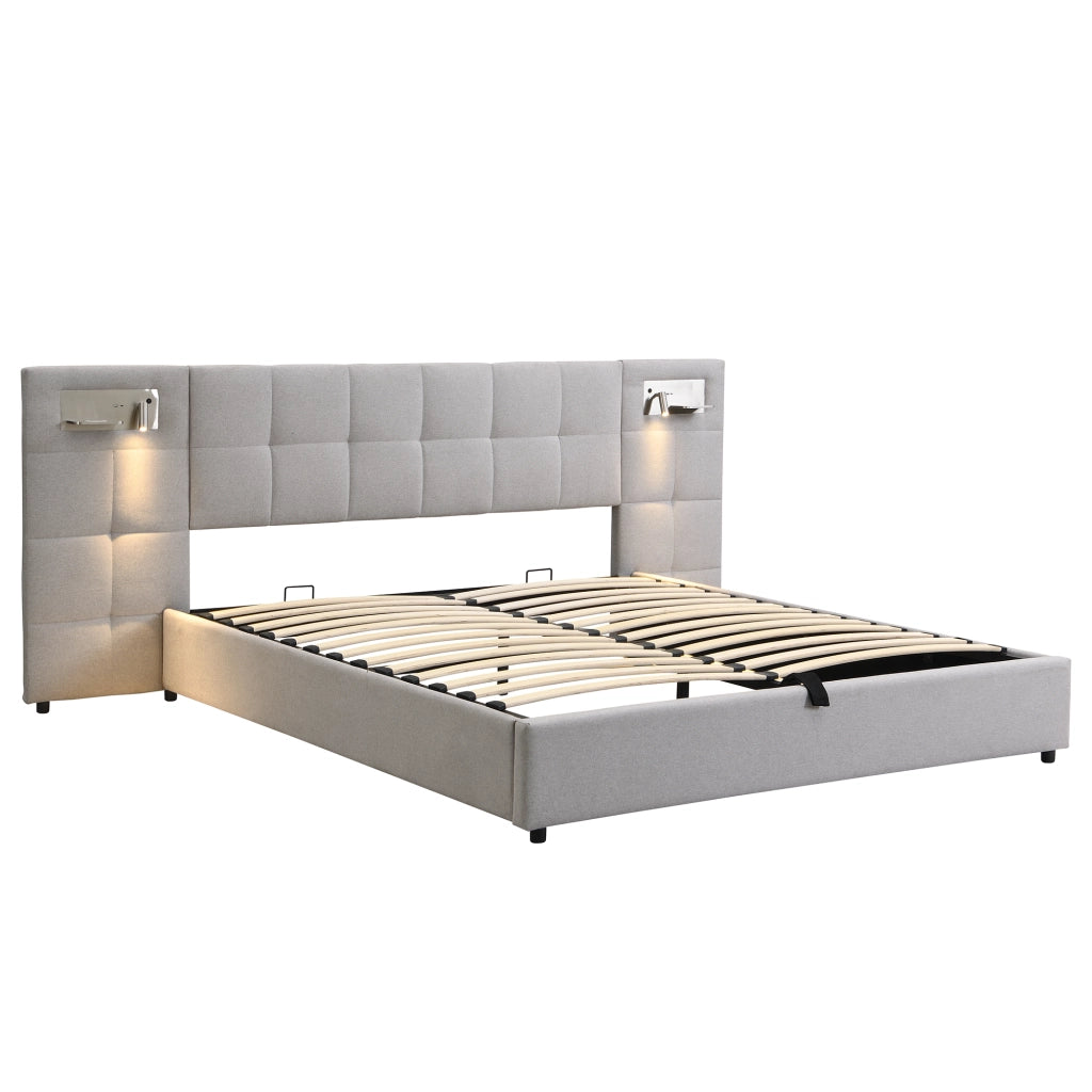 Letto imbottito 180x200 cm - Zephmum - USB, ricarica wireless, luce, contenitore
