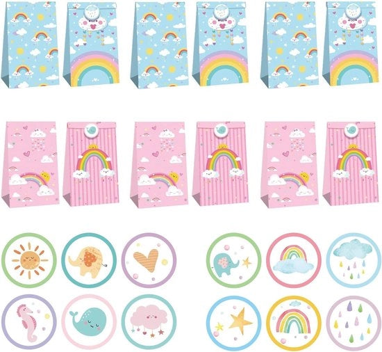 Set di 12 Borse di Carta per Bambini | Regalo con Arcobaleno e Stickers | Borse di Regalo per Festa di Compleanno Bambino | Borse per Avvolgere Regali | Borse per Donazioni
