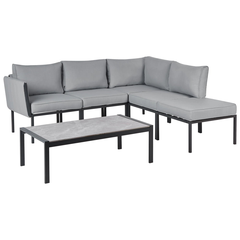 Set da giardino 5 posti con divano 2 poltrone grigio scuro in acciaio con Cuscini
