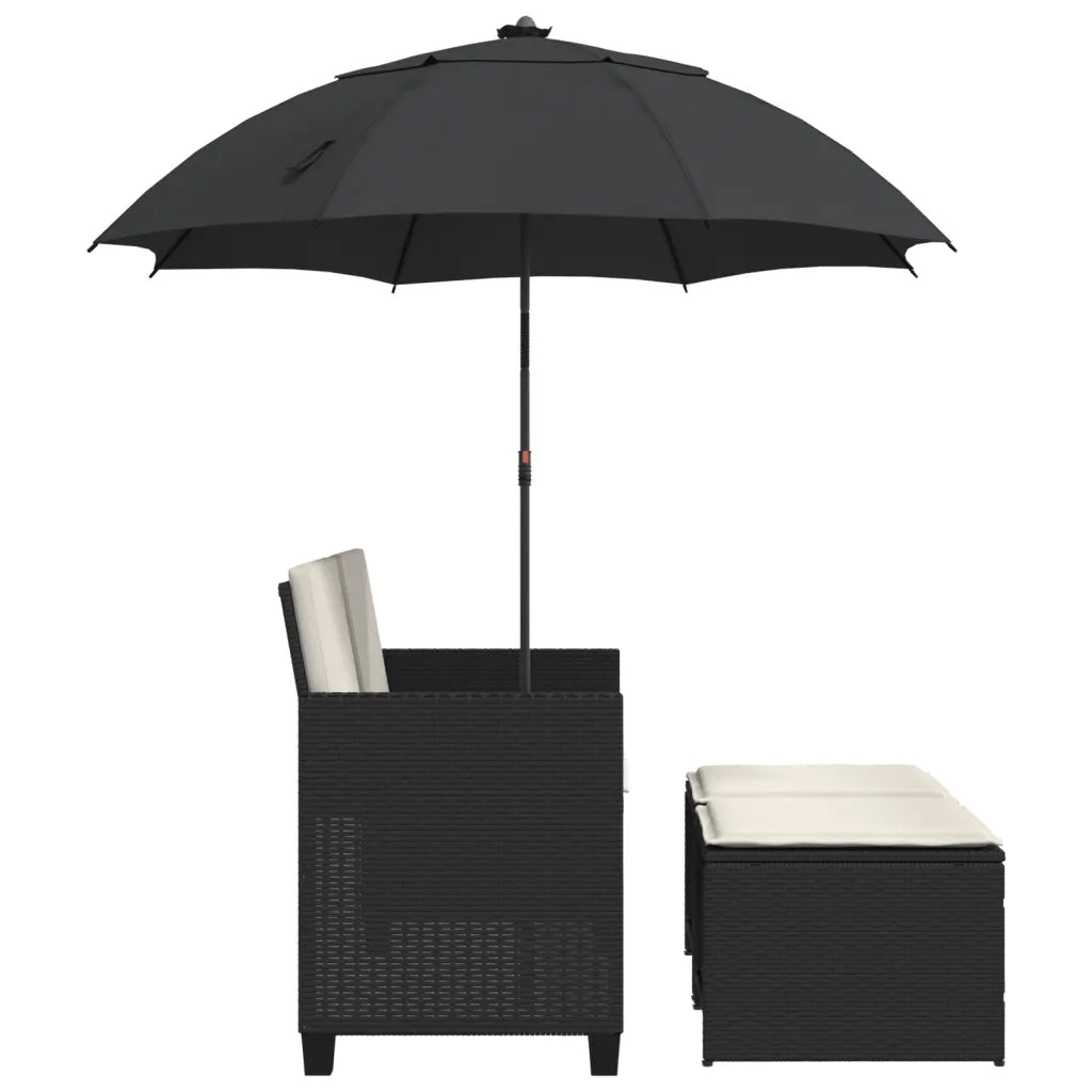 Divano Giardino 2 Posti Ombrellone e Sgabelli Nero Polyrattan 365882