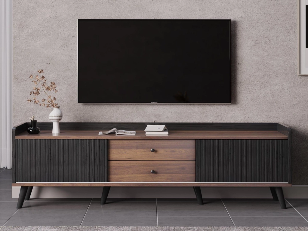 Cassettiera per TV nera e legno; truciolato; lunghezza 160 cm