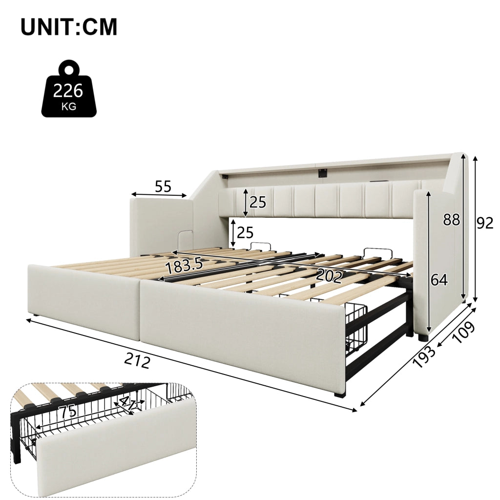 LETTO Estraibile 90x200 cm Beige in lino e MDF con USB e Type-C