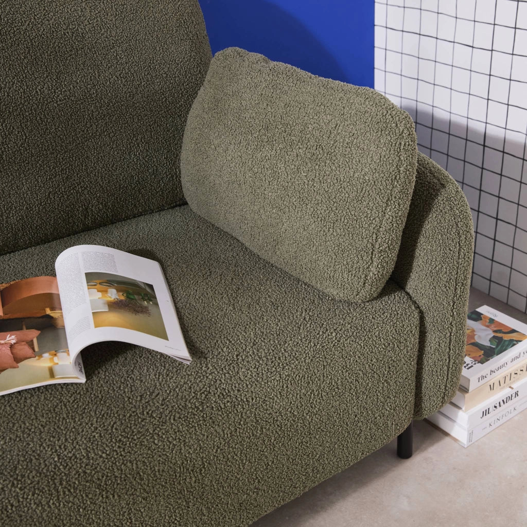 Divano in bouclé con struttura in metallo, 3 posti, verde kaki