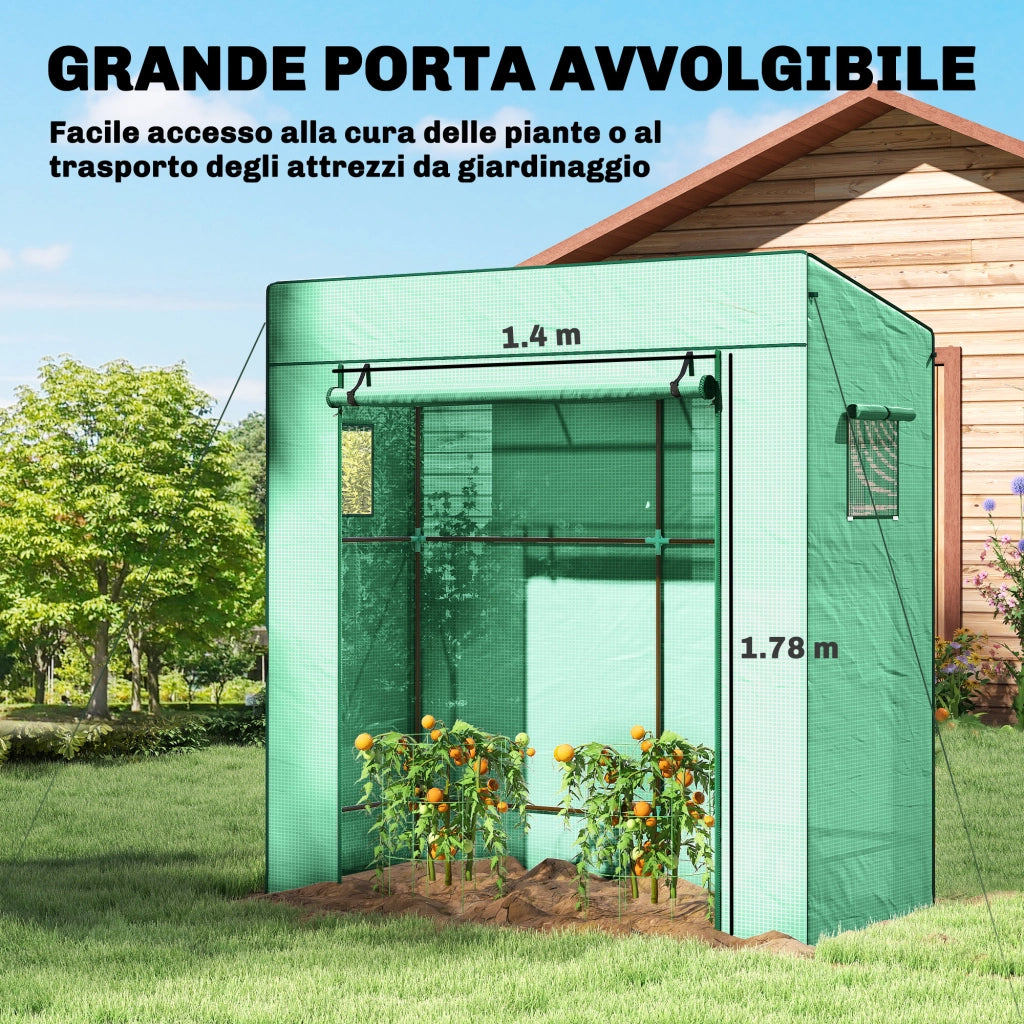 Serra da Giardino con 2 Finestre a Rete e Ingresso Avvolgibile ¨C Xylo ¨C PE e Acciaio 196x77x197 cm Verde
