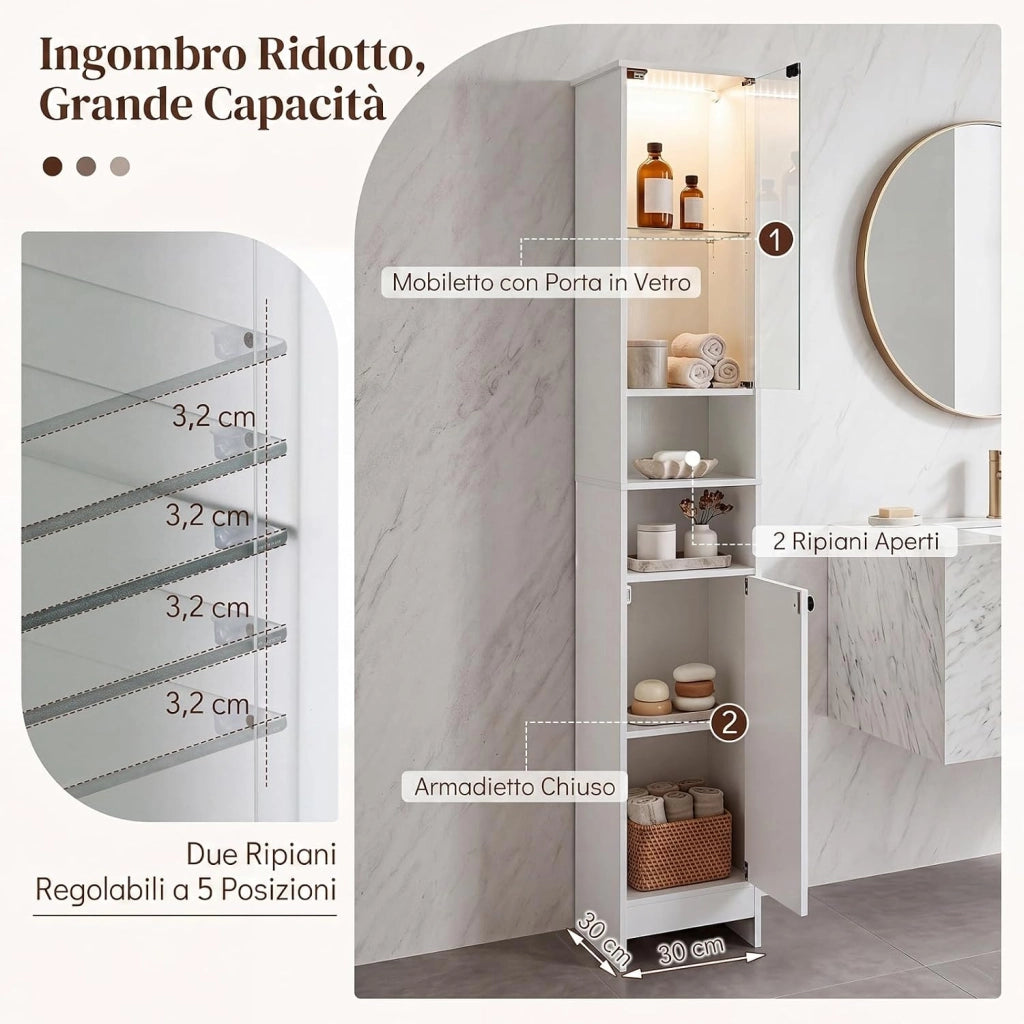 Mobile Alto da Bagno, Mobiletto a Colonna Stretto con Luci LED e Telecomando, Ante in Vetro e Mensole Regolabili, Armadio Salvaspazio a Terra per Soggiorno, 30 x 30 x 170 cm (Bianco)