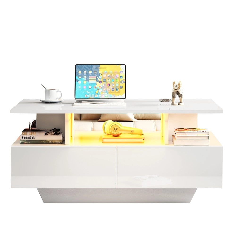 Tavolino da Caff¨¨ con LED e 2 Cassetti ¨C MINIMAL ¨C Lucido Bianco 90x55x41
