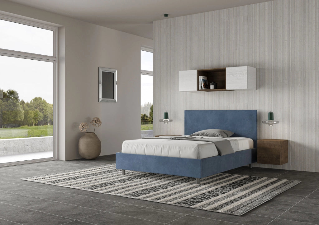 BS COM Letto una piazza e mezza con rete imbottito 130x190 microfibra blu