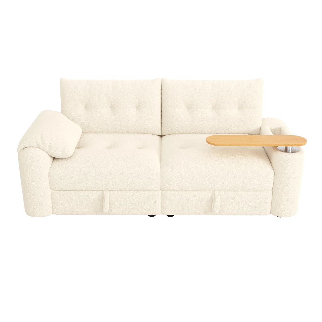 Divano modulare 2-3 posti in teddy, con contenitore, tavolino integrato e poggiatesta, Beige
