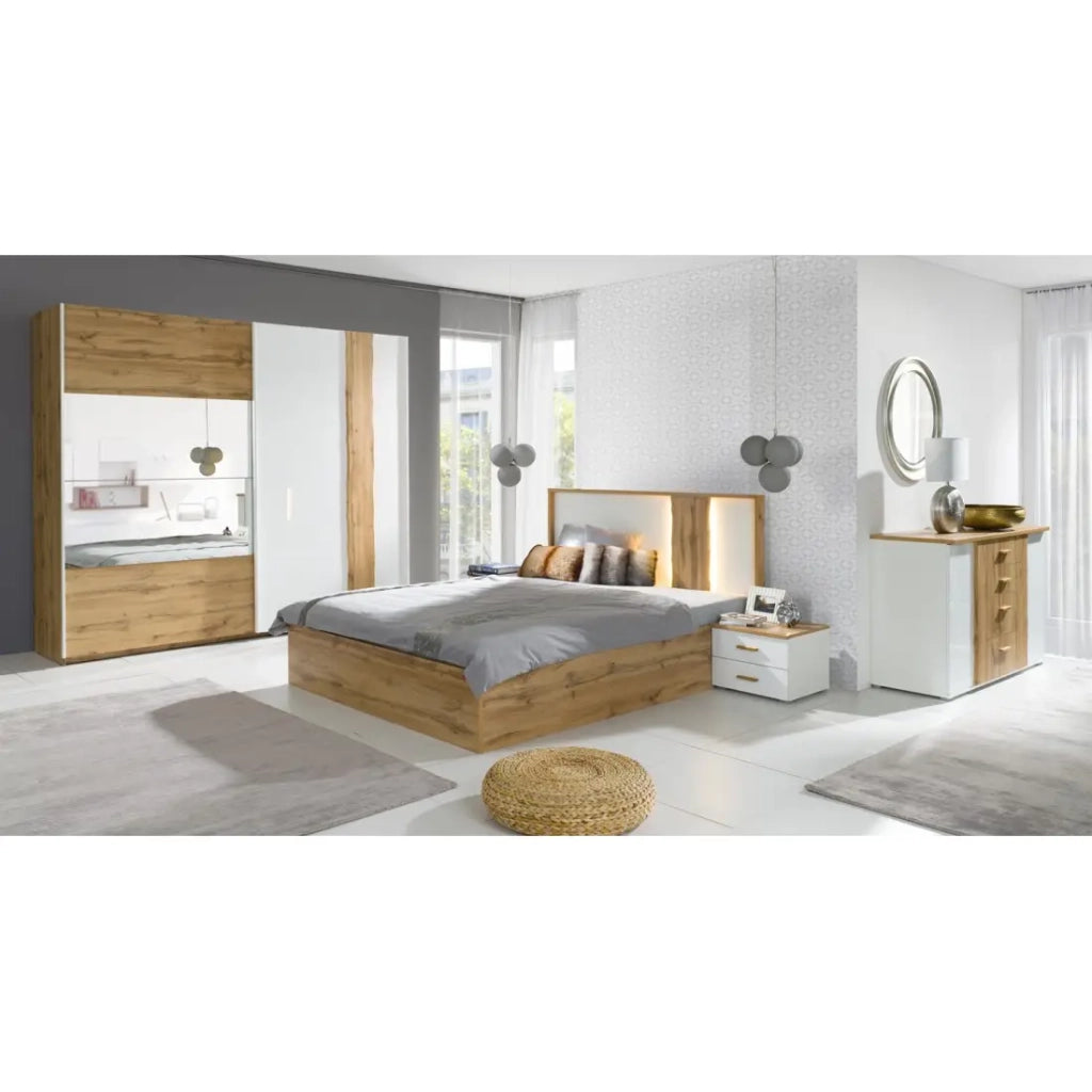 Camera completa WOOD con letto 160 x 200 cm LED, armadio 250 cm, cassettiera e comodini – Rovere e bianco