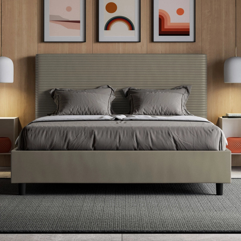BS COM Letto matrimoniale francese con rete imbottito 140x190 similpelle cappuccino