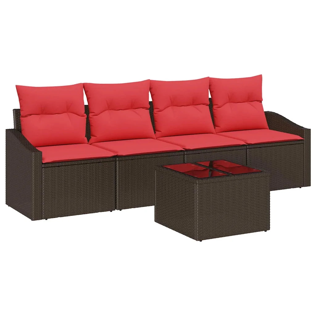 Set di divani 5 pz 3-Numero di posti Marrone e Rosso polyrattan 3346594