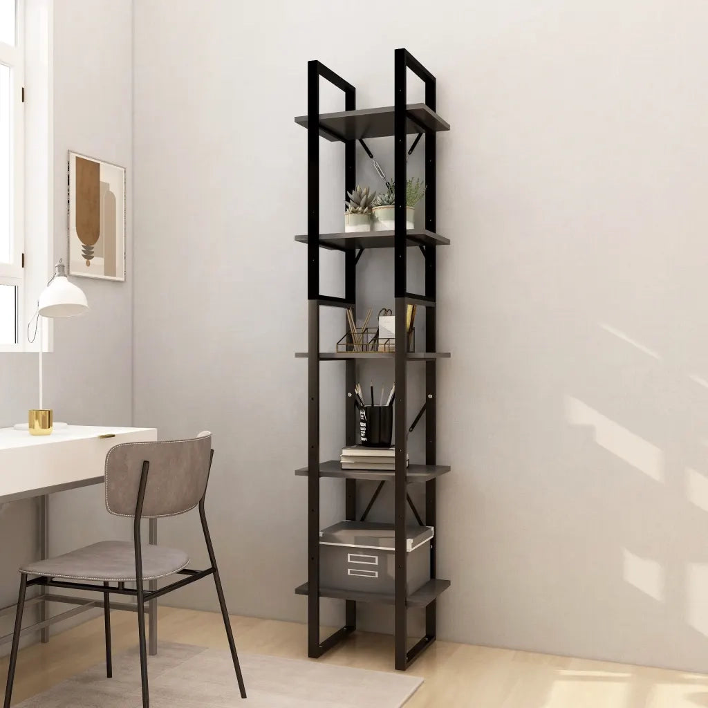 Libreria a 5 Ripiani-Scaffale per Libri-Mobile di Stoccaggio Grigia 40x30x175 cm in Legno di Pino