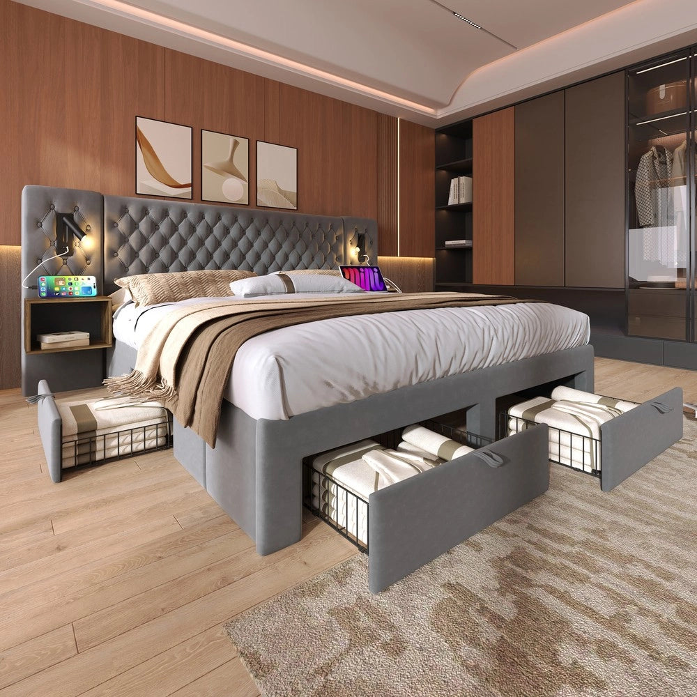 Letto Matrimoniale Imbottito con 2 Comodini e Cassetti, LED e USB ¨C MINIMAL ¨C Grigio Velluto 160x200