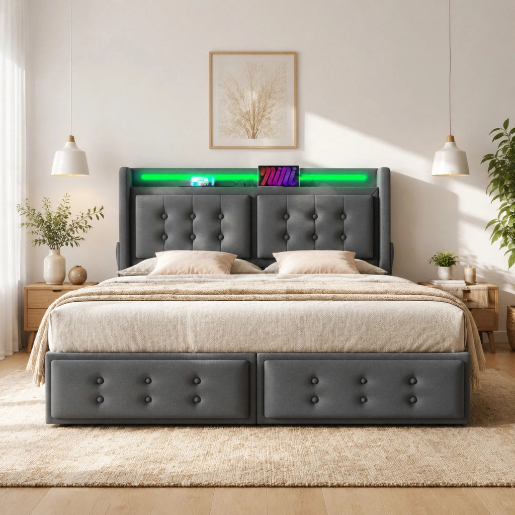 LETTO 160x200 cm con LED, USB/Type-C, 4 cassetti, tessuto grigio