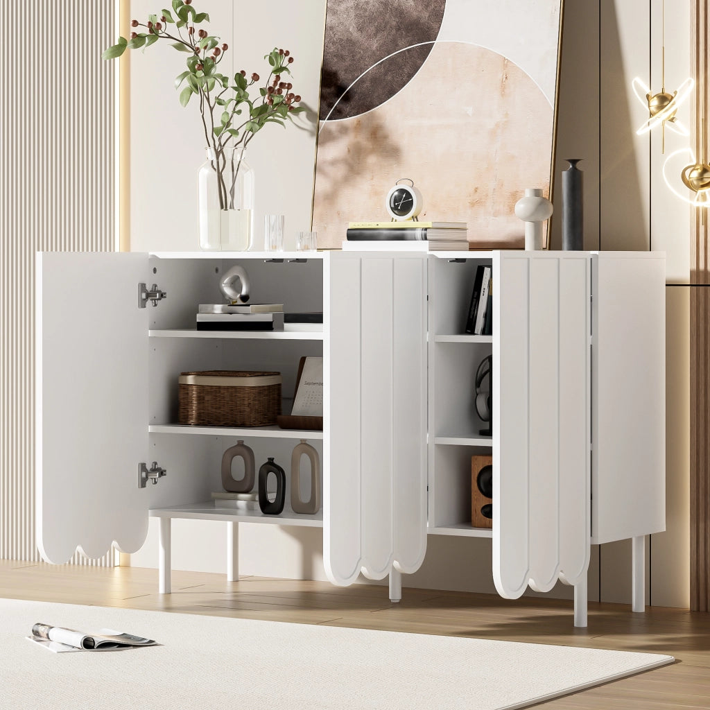 SIDEBOARD con Ante Ondulate 120x35x80 cm MDF Bianco con Ripiani Regolabili