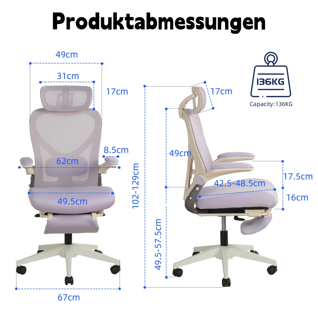 Sedia da ufficio ergonomica pieghevole ¨C zephmum ¨C viola con schienale regolabile, braccioli reclinabili e poggiatesta