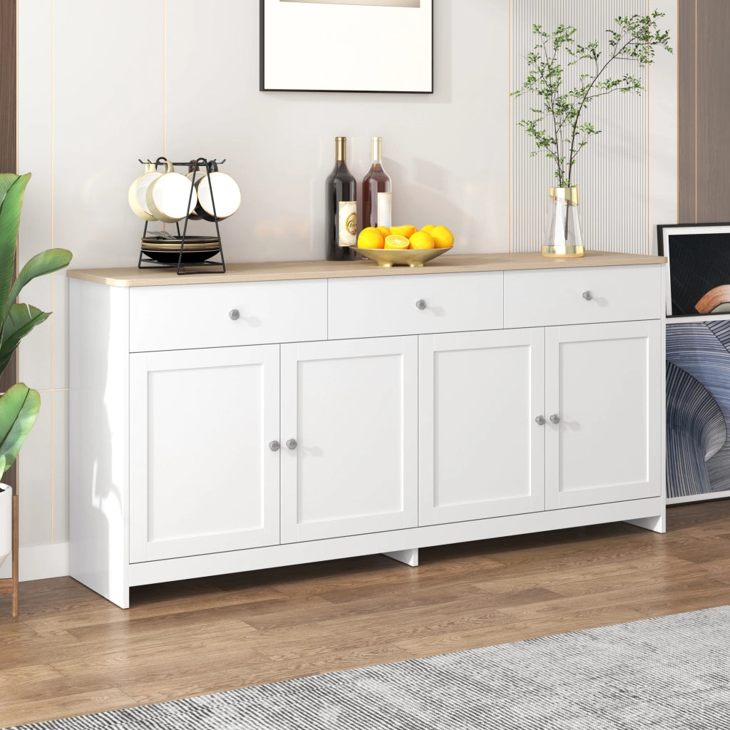 SIDEBOARD 160 cm con 3 cassetti, 4 ante, bianco e legno