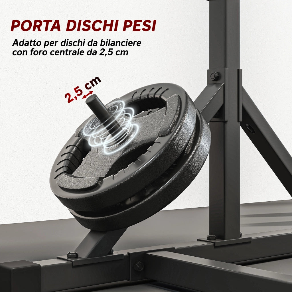 Squat Rack Regolabile con Doppio Supporto, Portadischi e Barra Trazioni ¨C Minimal ¨C Acciaio, Nero, 112-100x201-217 cm