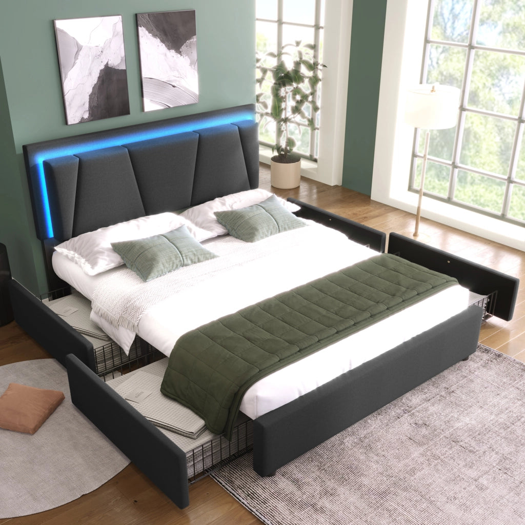 LETTO imbottito 160x200 cm grigio con testiera regolabile, LED e 4 cassetti