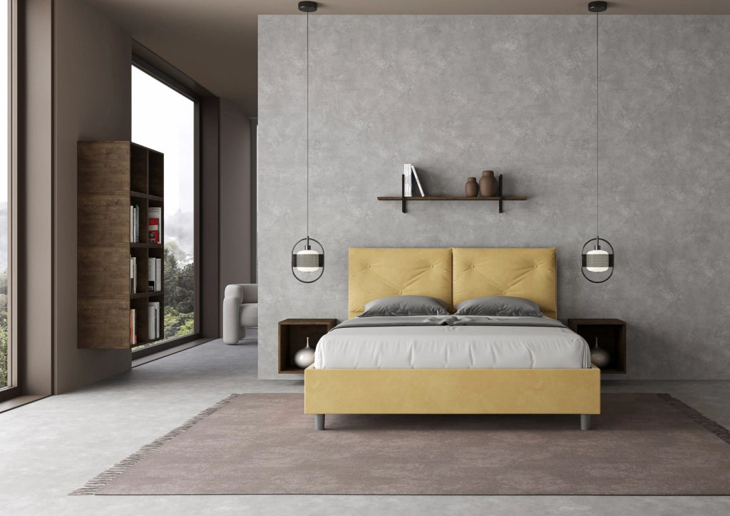 BS COM Letto queen size contenitore imbottito 150x200 microfibra ocra Large