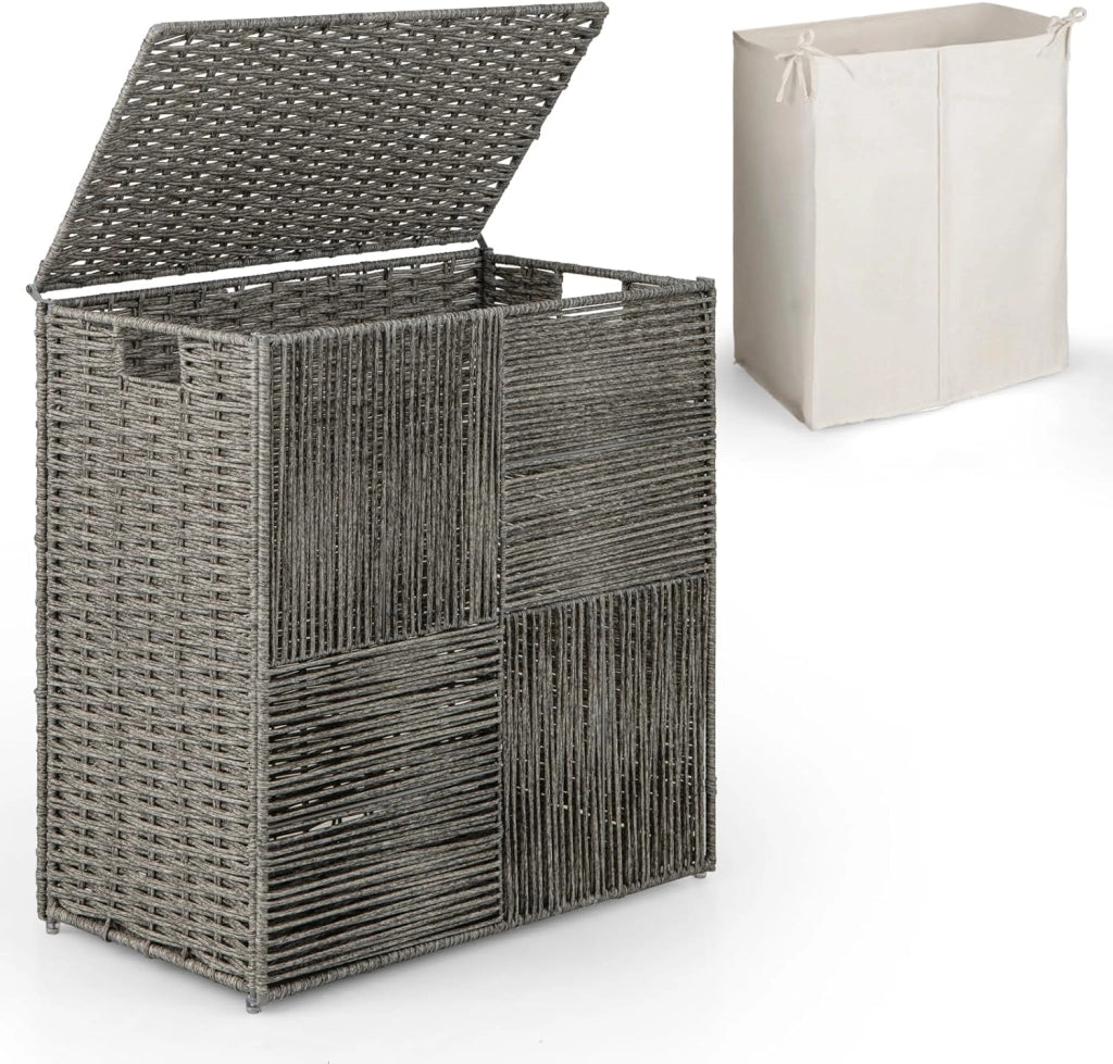 110 L Cesto Portabiancheria con Coperchio, Cesto per Bucato in Rattan con Comode Maniglie e Sacchetto Interno Rimovibile, per Camera da Letto Lavanderia Bagno, 27 x 33 x 62 cm