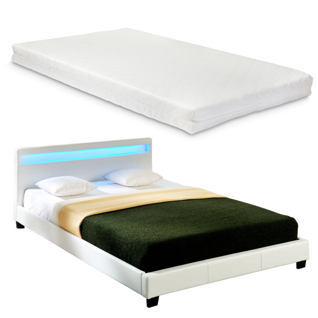 Letto Matrimoniale con Materasso 160x200 cm Testiera Alta con Illuminazione a LED Similpelle - Bianco Corium