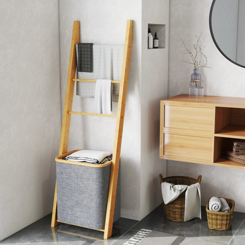 Mobile da Bagno in Bamb¨´ con 3 Sbarre e Cesto Lavanderia ¨C Zephmum ¨C Grigio 48L