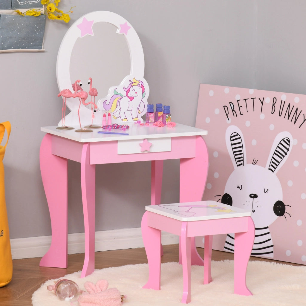Specchiera Giocattolo con Cassetto e Sgabello Gioco Bambine 3-6 Anni