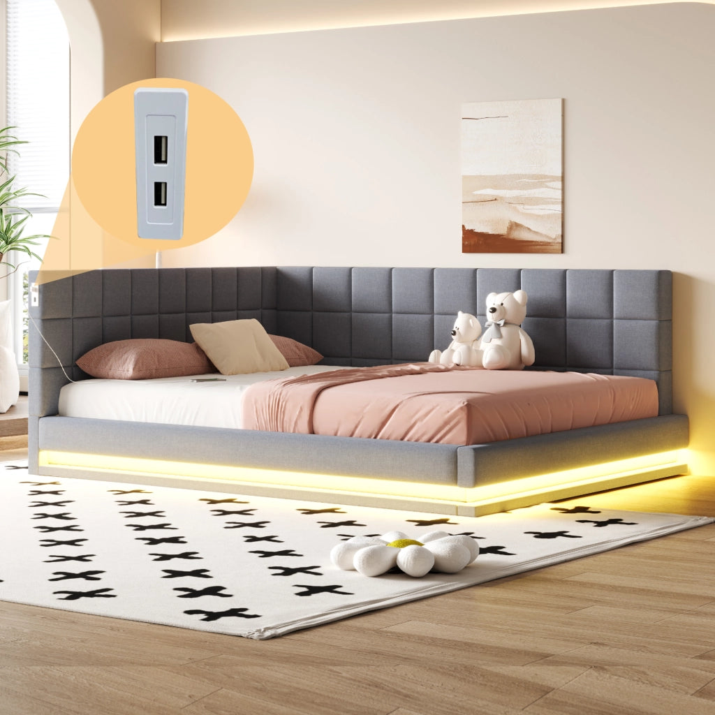 LETTO Imbottito Convertibile 160x200 cm Grigio in lino con LED e USB