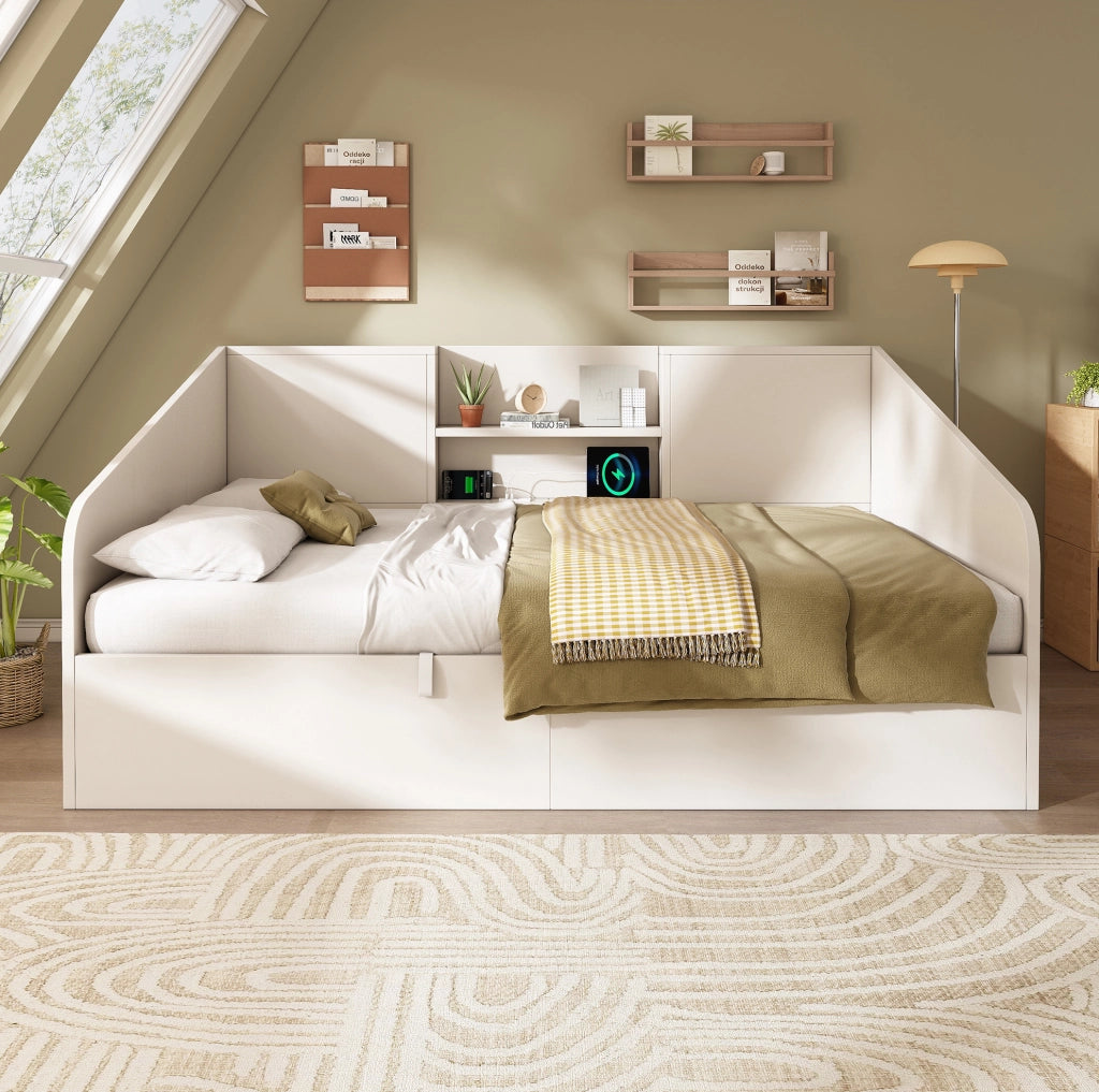 Letto 90x190 cm con contenitore idraulico e stazione di ricarica in legno bianco