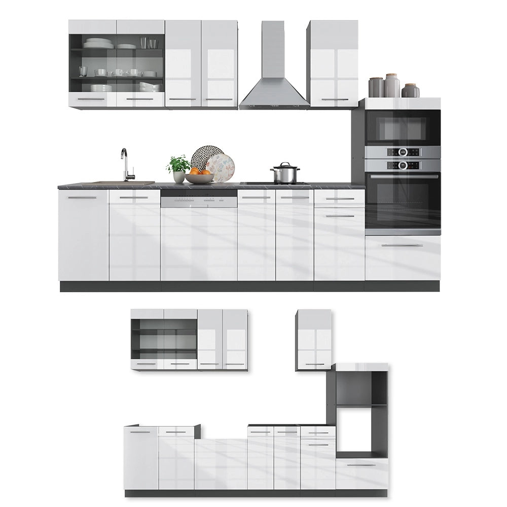 Cucina componibile Fame-Line Bianco lucido/Antracite 300 cm con armadio alto, senza piano di lavoro Vicco