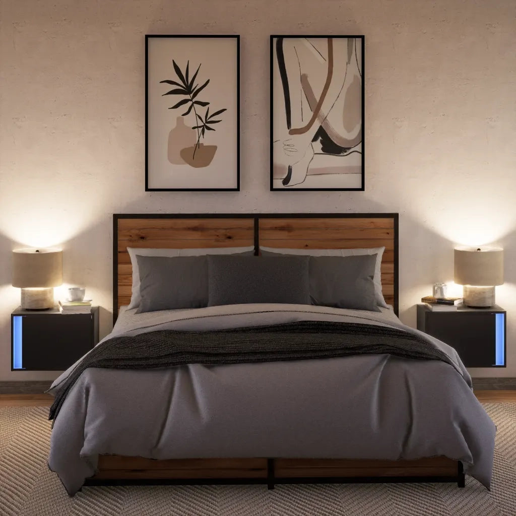 Set di 2 Comodini | Armadio da Notte | Mobiletto da notte a Parete con Luci LED Neri