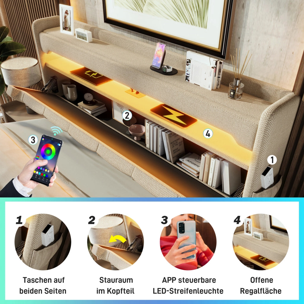 LETTO 160x200 cm in Lino Beige con LED, USB e Type-C, contenitore idraulico