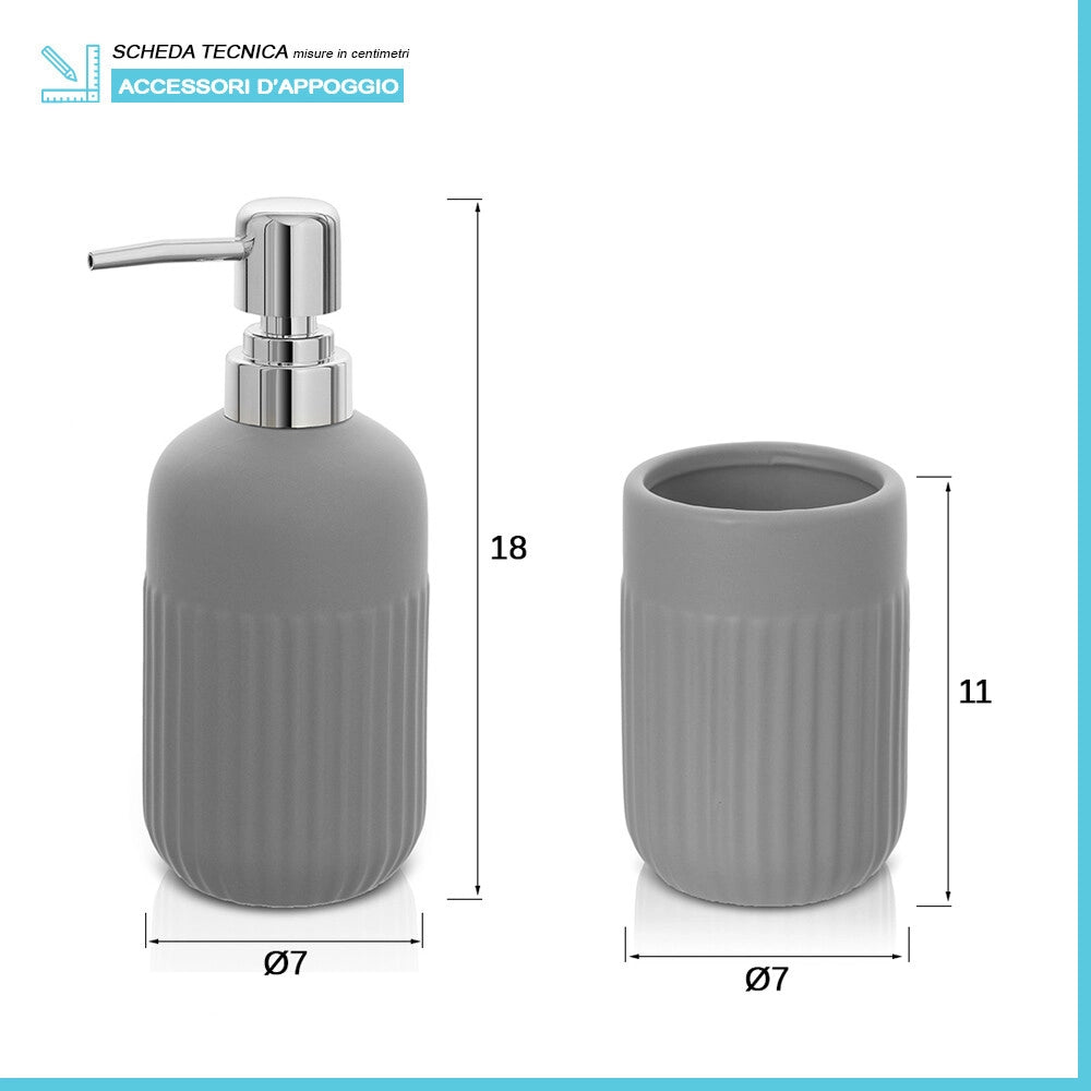 Set accessori bagno in ceramica grigia opaca con dispenser sapone e due portaspazzolini Cup