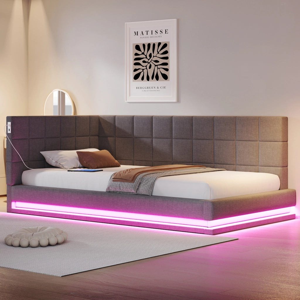 Divano letto imbottito 90x200 con LED, USB e rete a doghe
