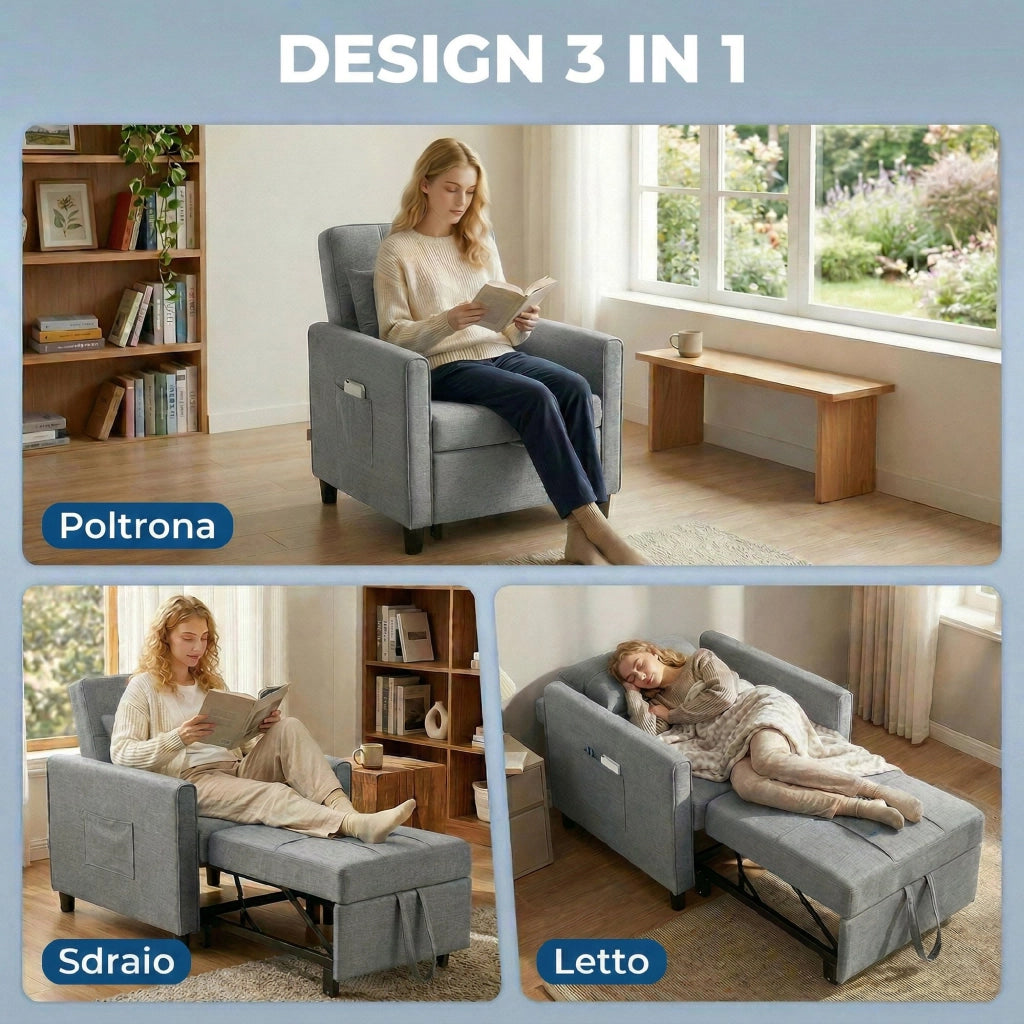 Divano Letto Pieghevole Convertibile con Schienale Regolabile e Cuscino. Grigio