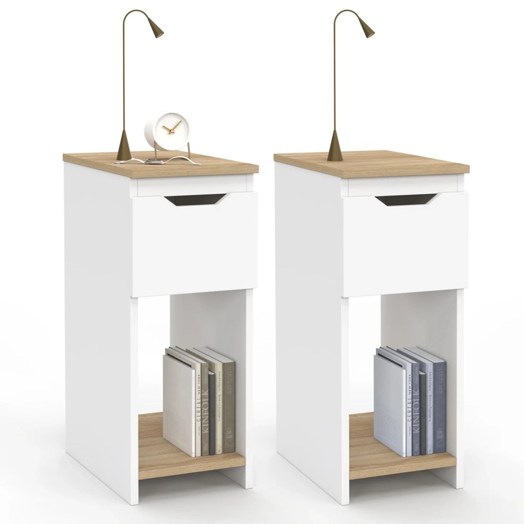 IDMarket - Set di 2 comodini stretti a 1 cassetto ANOUK con nicchia bianca e legno