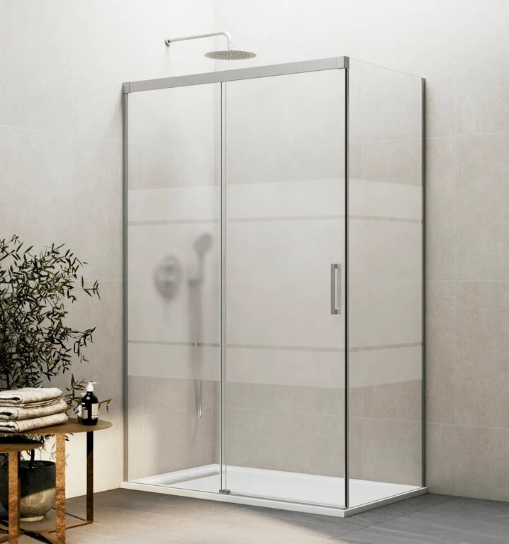 Box doccia angolare BASIC fisso + scorrevole + laterale fisso 120x80 cm (115-120/76,5-79) nichel spazzolato vetro Frost