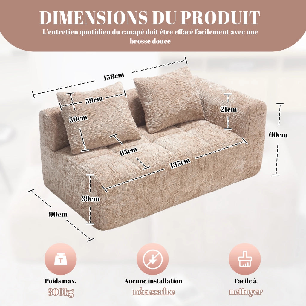 Divano 2 Posti con Cuscini e Tasche Laterali ¨C MINIMAL ¨C Tessuto Beige